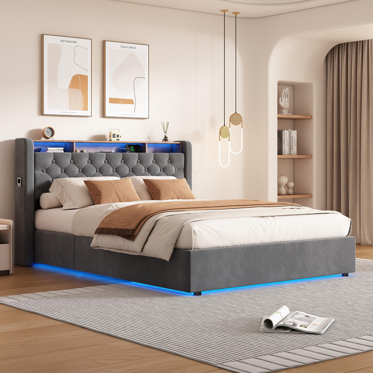 POLSTERBETT 140/200 cm mit hydraulischem Bettkasten, Schubladen, Klappbares Kopfteil, LED-Beleuchtung, Grau - Grau, Textil (140/200cm) - Redom