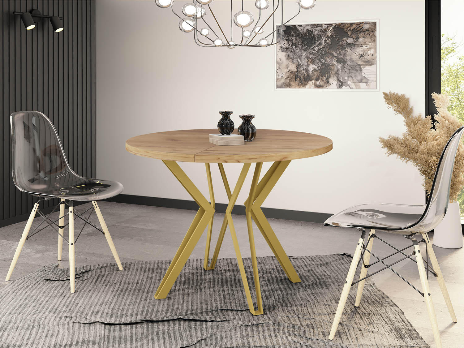 ESSTISCH Daisy runder ausziehbarer, Craft Eiche 100-180/100/76 cm - Eiche Wotan/Goldfarben, Holzwerkstoff/Metall (100/100/76cm) - WFL GROUP