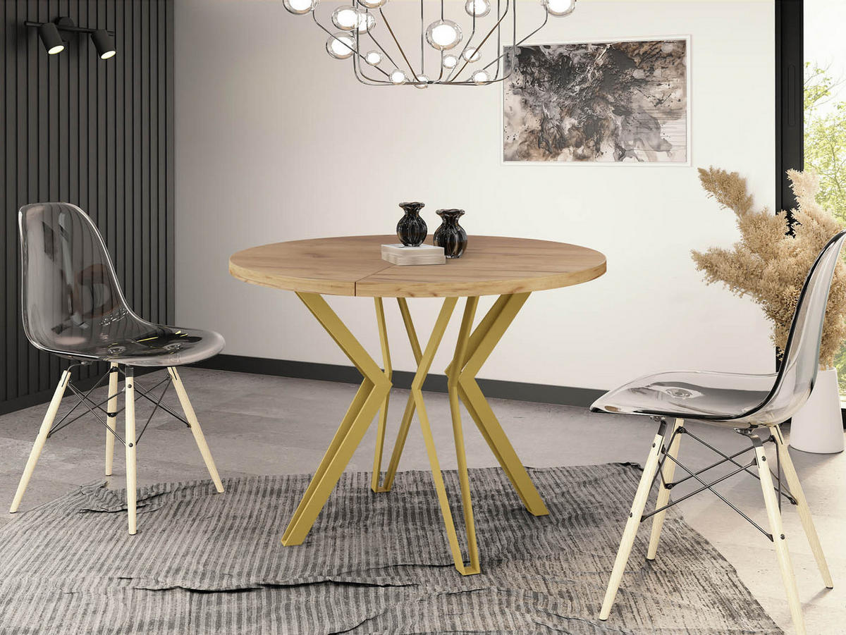 ESSTISCH Daisy runder ausziehbarer, Craft Eiche 120-200/100/76 cm - Eiche Wotan/Goldfarben, Holzwerkstoff/Metall (120/120/76cm) - WFL GROUP