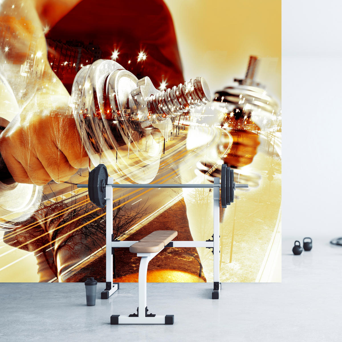 FOTOTAPETE für Jugendzimmer Sportler Mann Stadt Nacht Straße 450x315 - Gelb/Beige, Papier (450/315cm) - Muralo