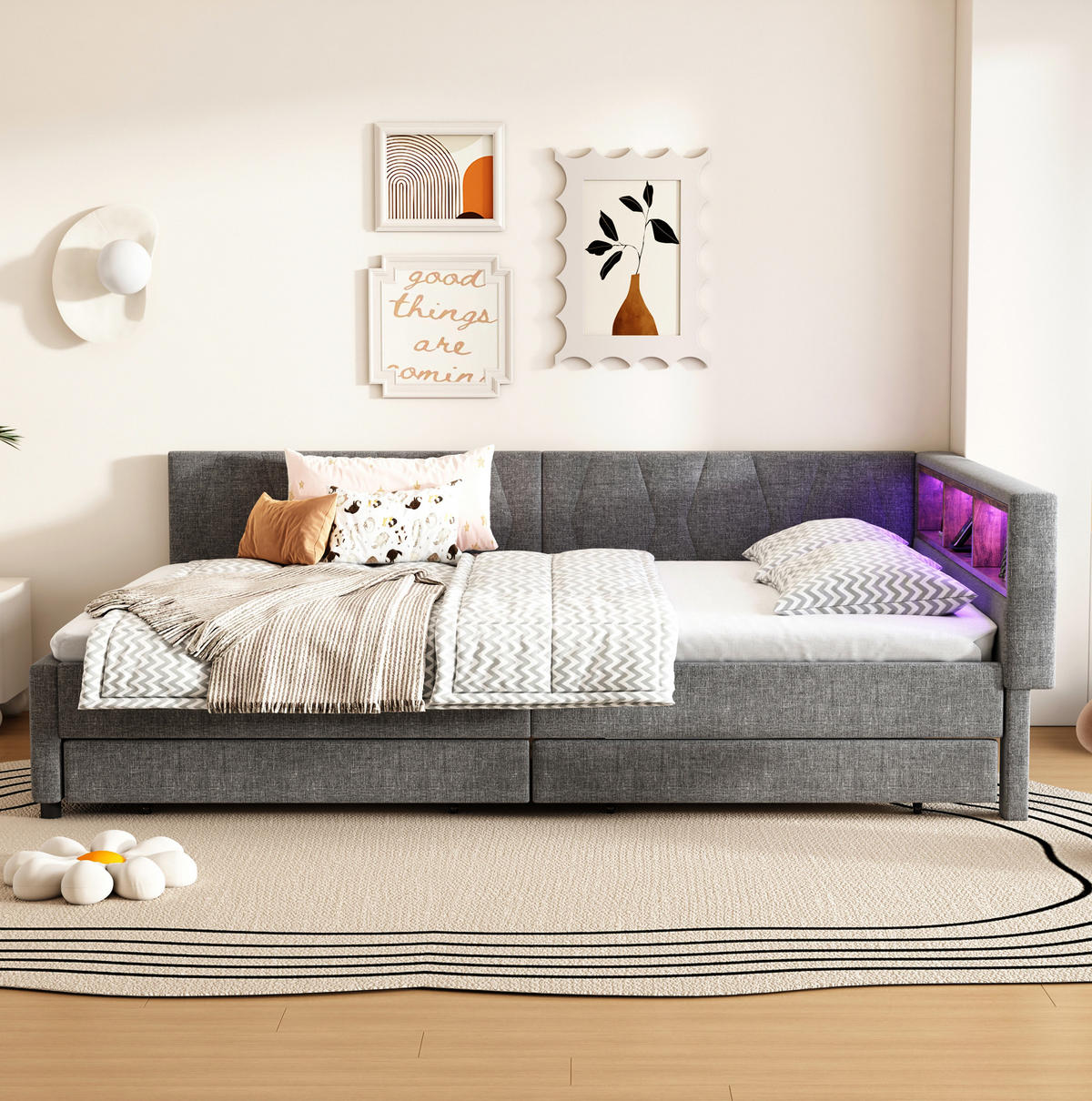 POLSTERBETT 140/200 cm aus Leinen und MDF mit LED-Lichtleiste, USB-C und 2 Schubladen Grau - Grau, Textil (140/200cm) - Modenvie