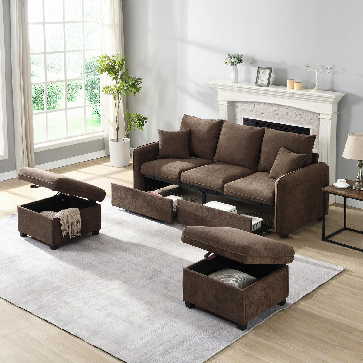 ECKSOFA-SET Chenille mit Stauraum und Schlaffunktion 3-Sitzer und 2 Hocker 188/186/86 cm Dunkelbraun - Dunkelbraun, Kunststoff/Textil (186/188cm) - Redom