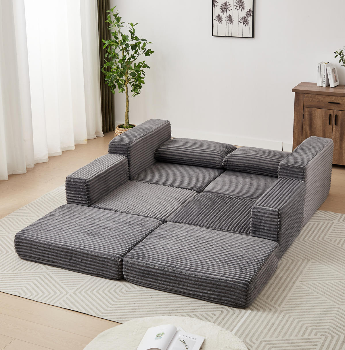 SOFA-BETT modular mit Fußstütze Cord Grey - Grau, Kunststoff (169.5/194cm) - Meubliv