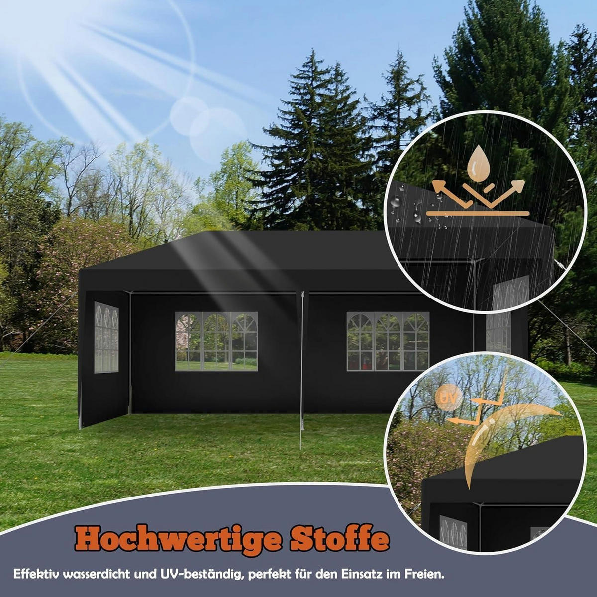 GARTENPAVILLON 3x6m Anthrazit Wasserdicht mit Seitenteilen und Fenstern - Schwarz, Kunststoff (300/250/600cm)
