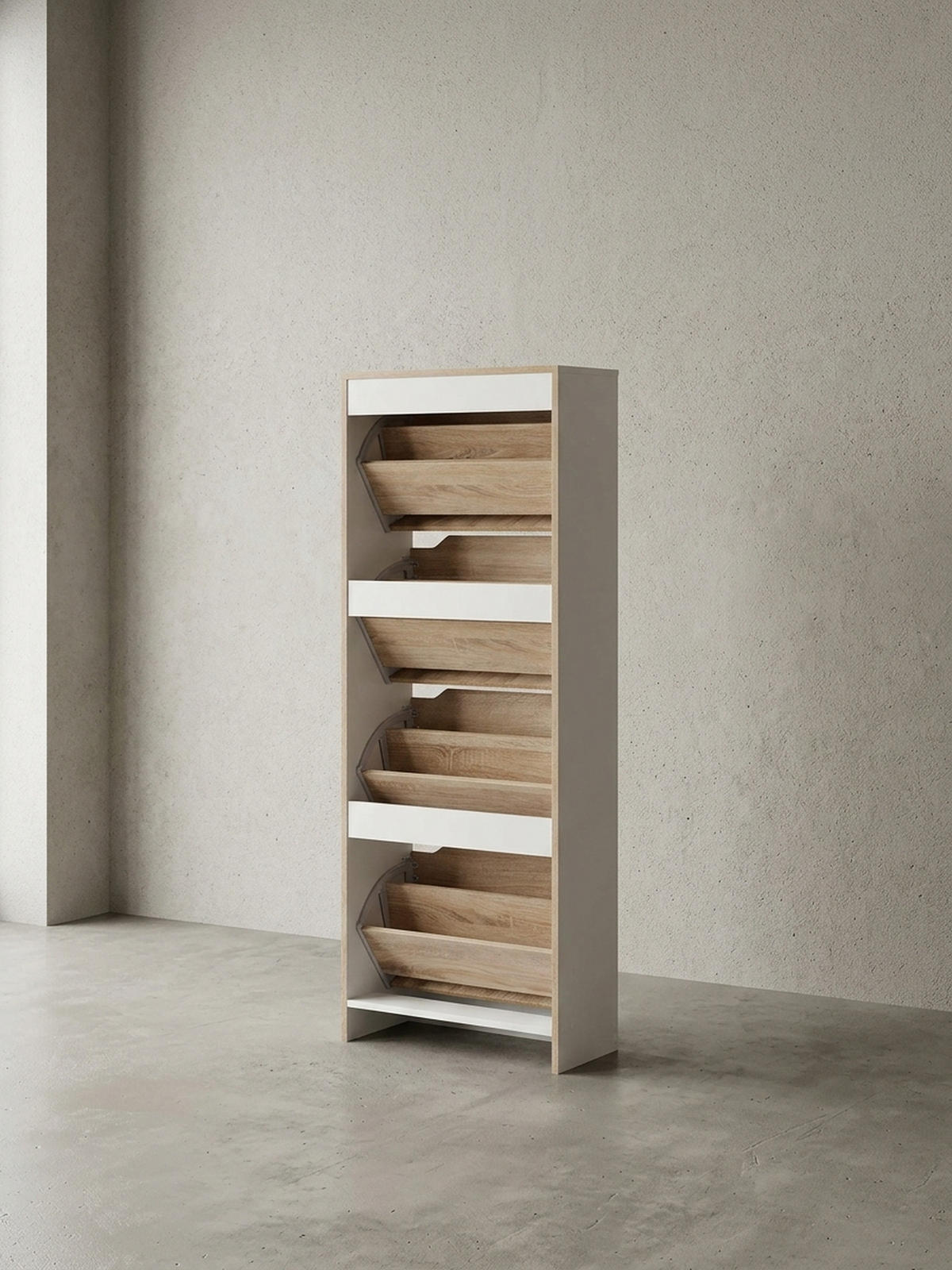 SCHUHSCHRANK – Weiß/Sonoma Eiche, 4 Fächer, für ca. 24 Paar Schuhe - Weiß, Holz (60/150/24cm) - KADIMA DESIGN