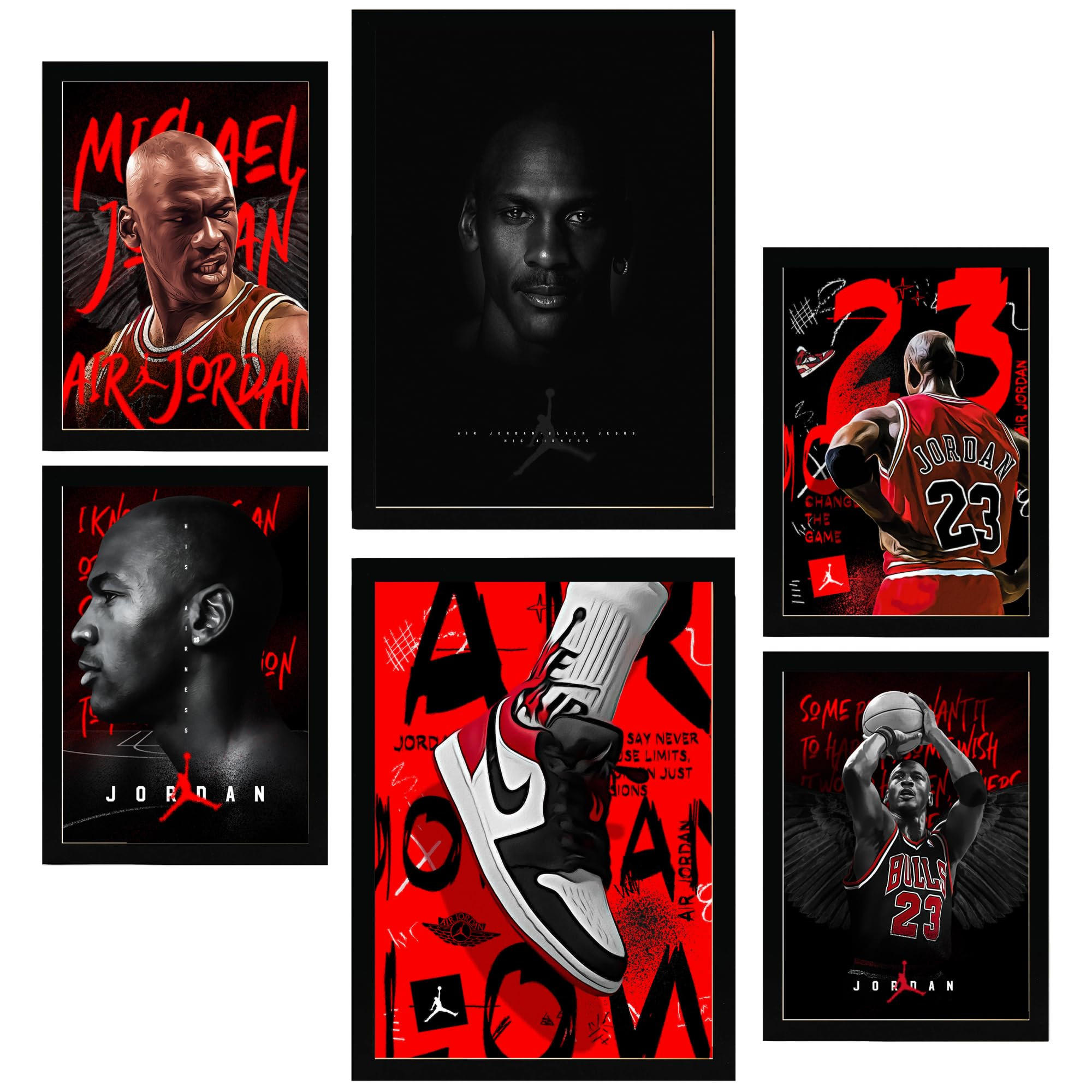 POSTER Set Mit 6 Ikonisches Jordan Grafiiti Rot & Schwarz A3 & A4 Schwarzer Rahmen - Schwarz, Papier (29/3cm) - Nacnic