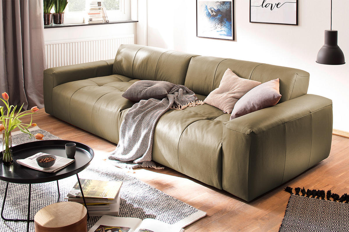 LEDERSOFA MIT SITZTIEFENVERSTELLUNG PALACE Grün Leder - Grün, Leder (298/74/120cm) - KAWOLA