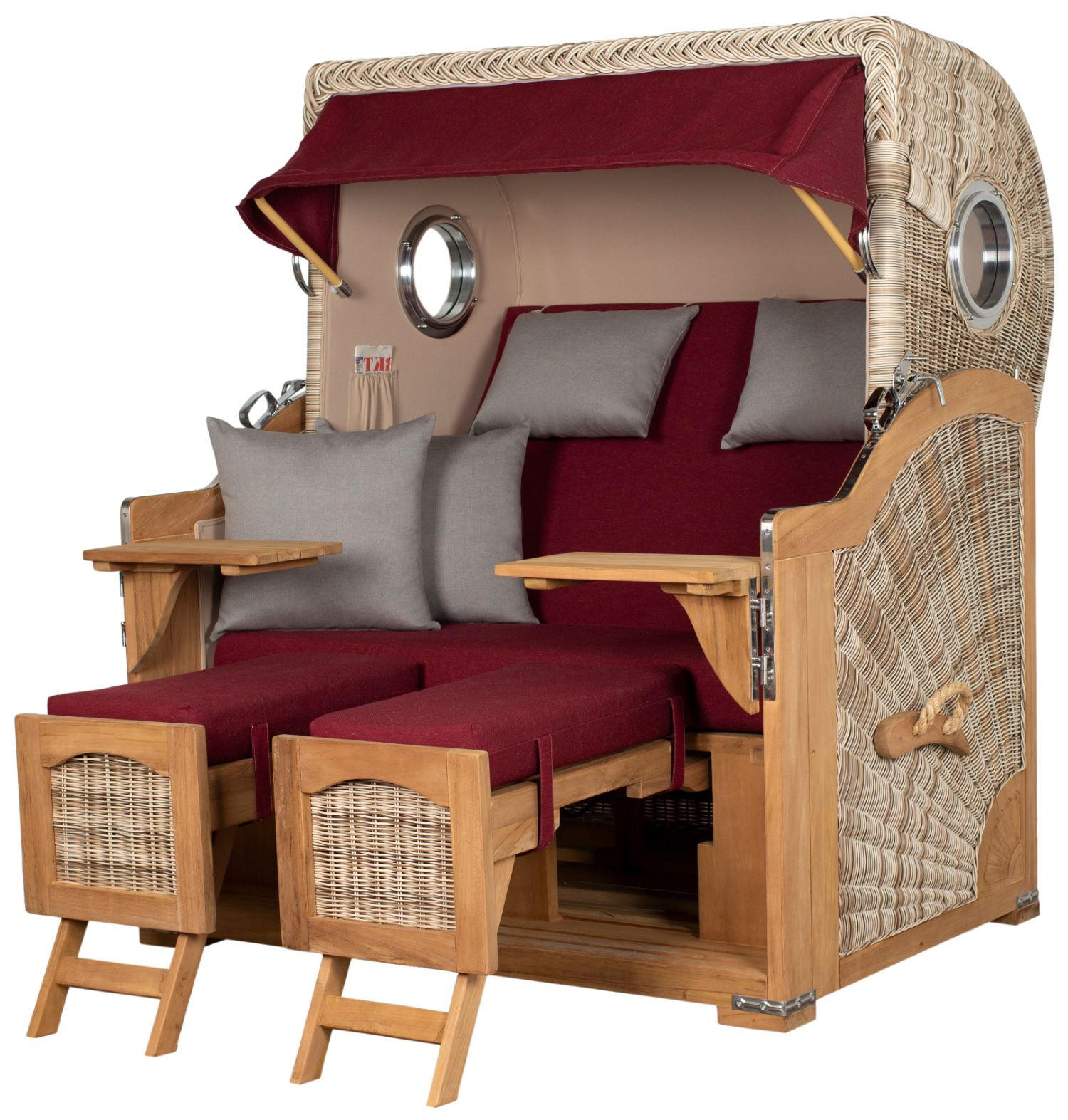 STRANDKORB Komplettset: Ammersee Grande XL Teak Bullauge - PE shell - Modell 594 - Rot/Grau, Holz/Kunststoff (142/165/95cm) - bene living