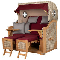 STRANDKORB Komplettset: Ammersee Grande XL Teak Bullauge - PE shell - Modell 594 - Rot/Grau, Holz/Kunststoff (142/165/95cm) - bene living