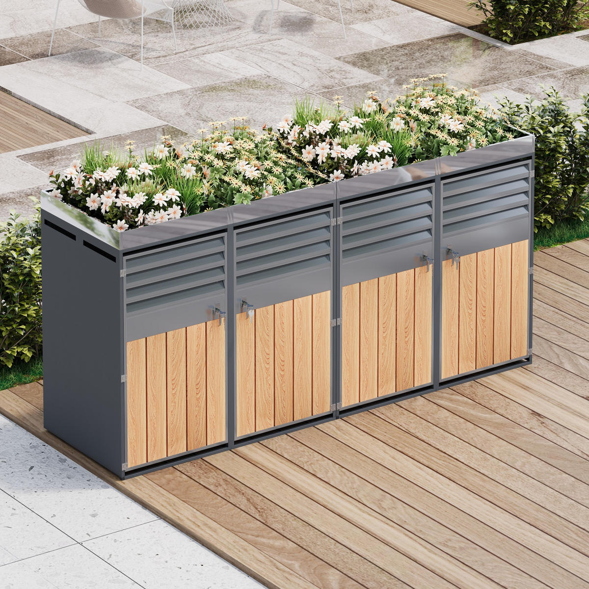 MÜLLTONNENBOX aus Stahl in Grau/Holzoptik mit Pflanzfläche & 4 abschließbaren Türen - Grau, Metall (264/124.5/80cm) - Modfu