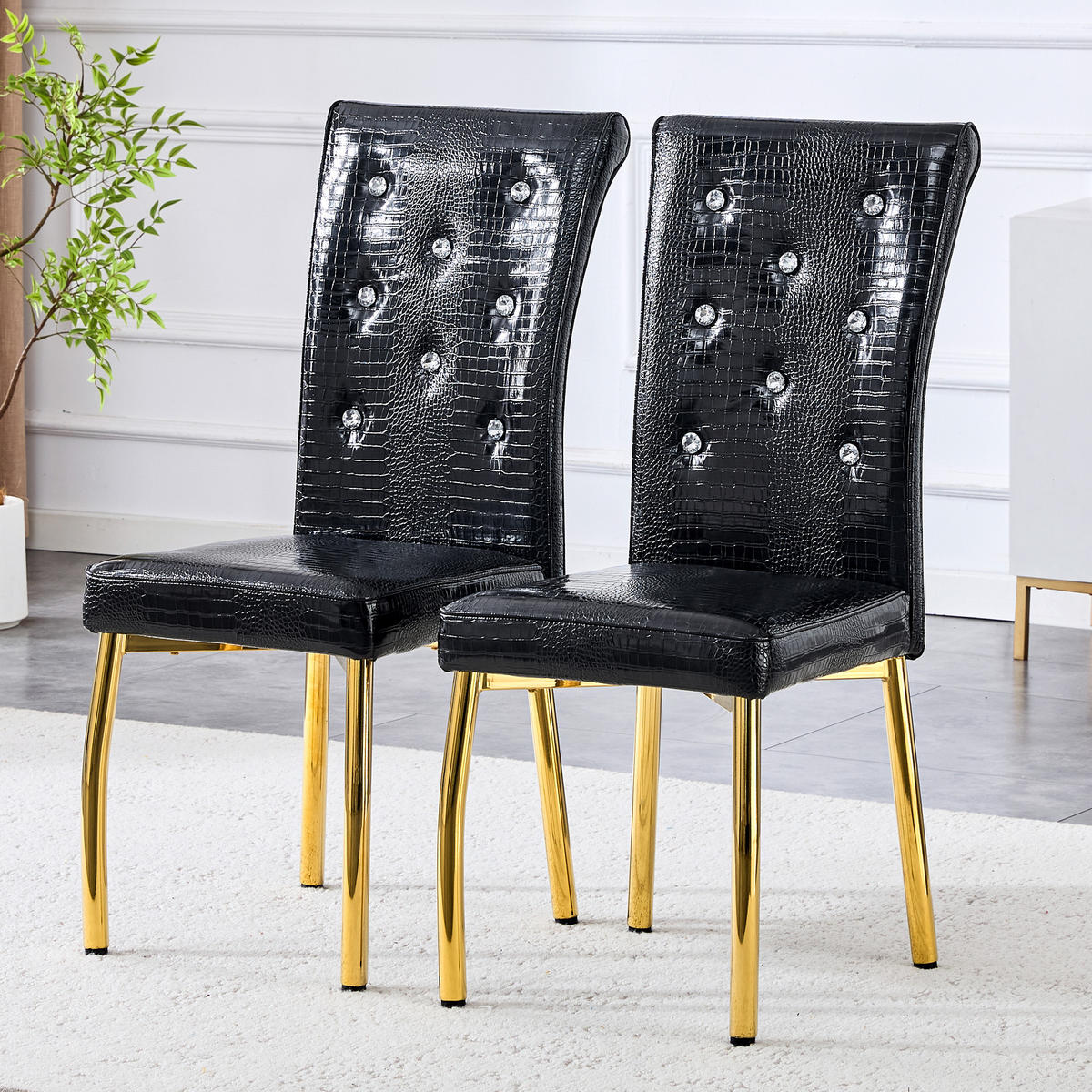 STUHL-SET DE-36774 2 Stück mit Krokodil-Prägung und vergoldeten Metallbeinen Schwarz - Schwarz, Metall (42/101/61.5cm) - ComfortXL