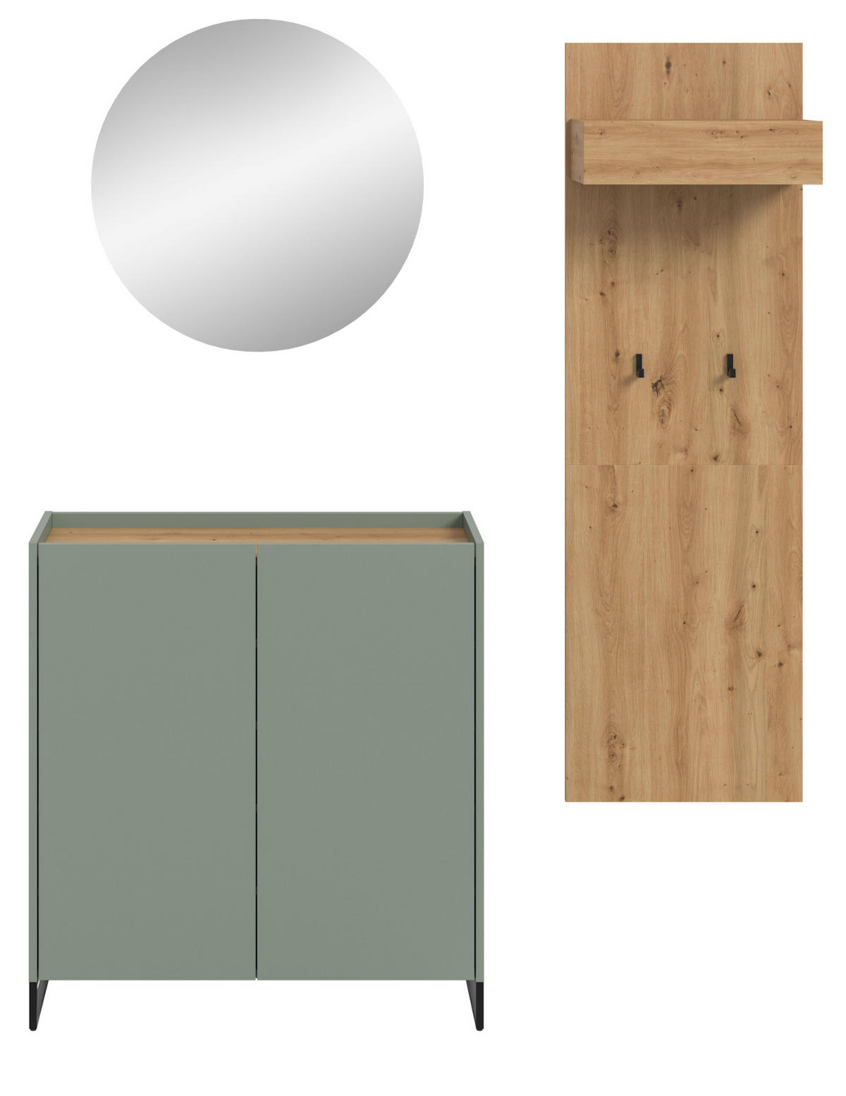 GARDEROBE-SET Salbei und Artisan Eiche, Garderobe 3-teilig, 155 x 197 cm, Soft-Close, Borga - Salbeigrün/Schwarz, Holzwerkstoff/Metall (155/197/38cm) - Inn.Furn