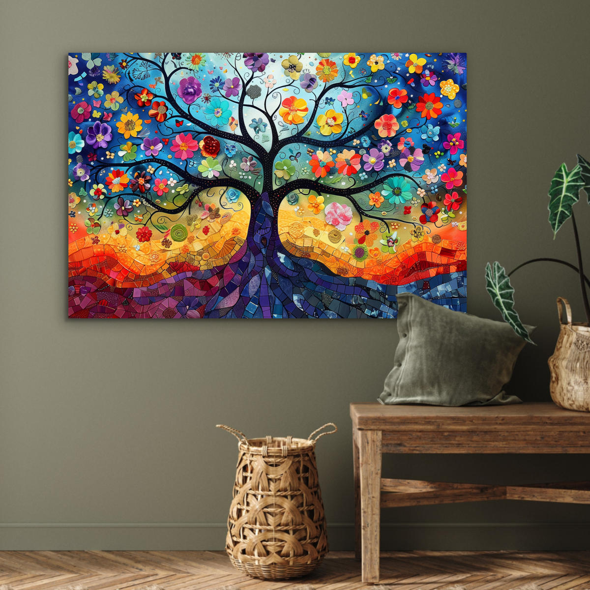 METALLBILD Kunst - Baum des Lebens - Blumen - Hippie 120x80 cm - Dunkelblau, Metall (120/80cm) - MuchoWow