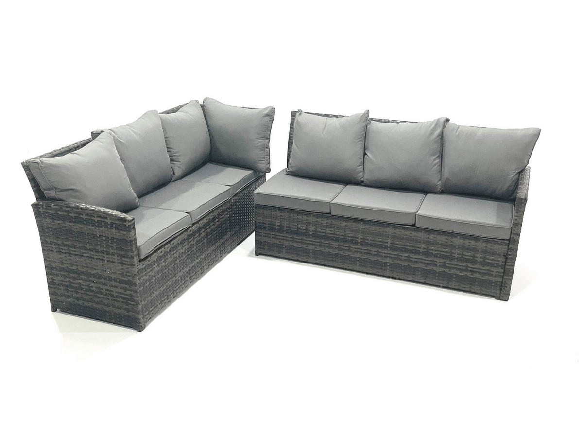 BALKONMÖBEL-SETS mit Ecksofa,Länglicher Couchtisch,4 Hocker,2 Sesseln Polyrattan Dunkelgrau 12-Sitzer - Dunkelgrau/Grau, Glas/Kunststoff - Fimous