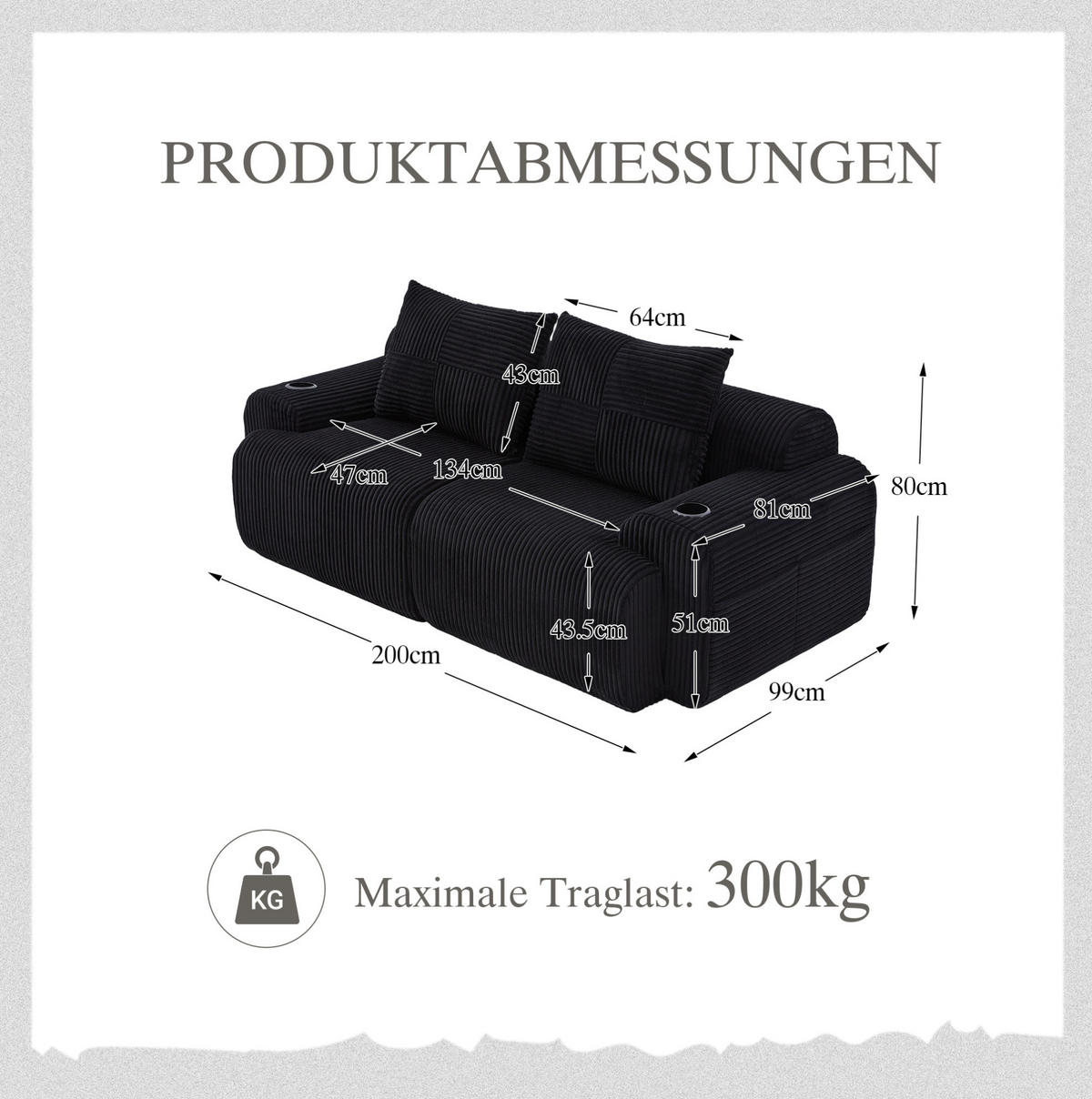 SOFA 2-Sitzer mit Cupholder 200 x 99 x 80 cm Cord Black - Schwarz, Kunststoff (99/80/200cm) - Meubliv