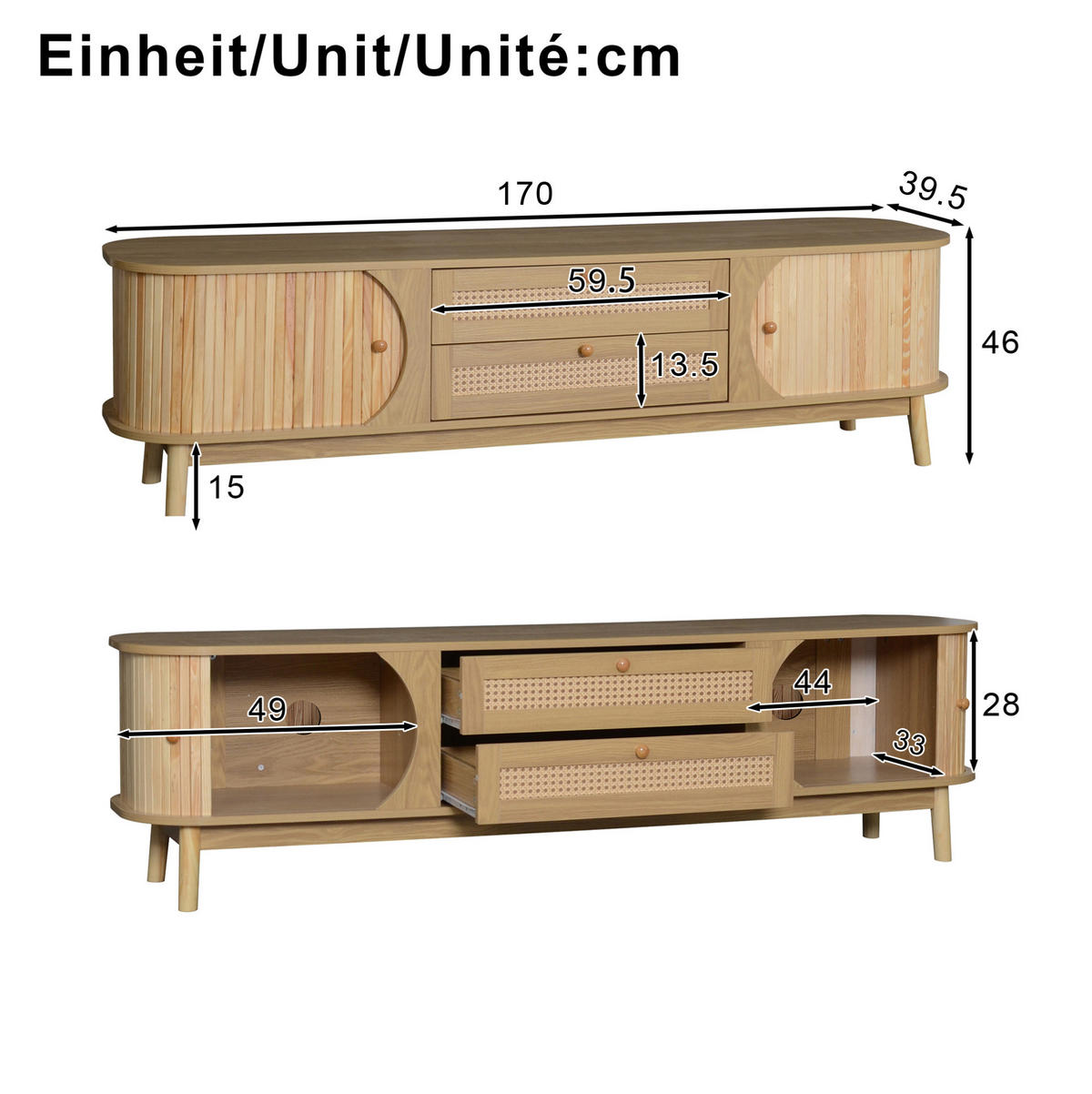 TV-SCHRANK mit Massivholztüren und Rattan-Schubladen in Natur 170/39.5/46 cm - Eichefarben, Holzwerkstoff (170/46/39.5cm) - Redom