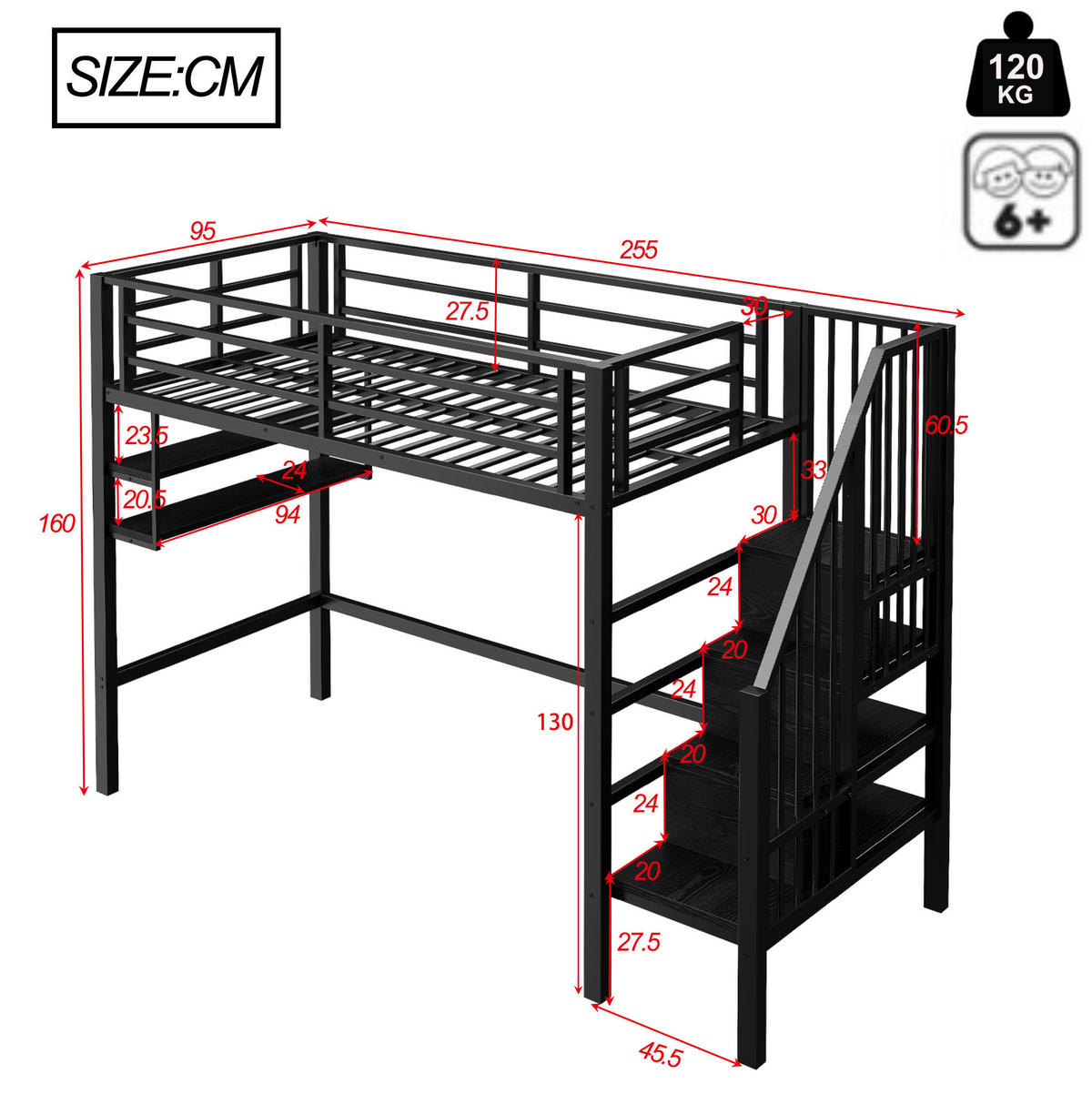 HOCHBETT aus Metall 90x200 cm in Schwarz mit Stauraumleiter & Regalen - Schwarz, Metall (90/200cm) - Modfu