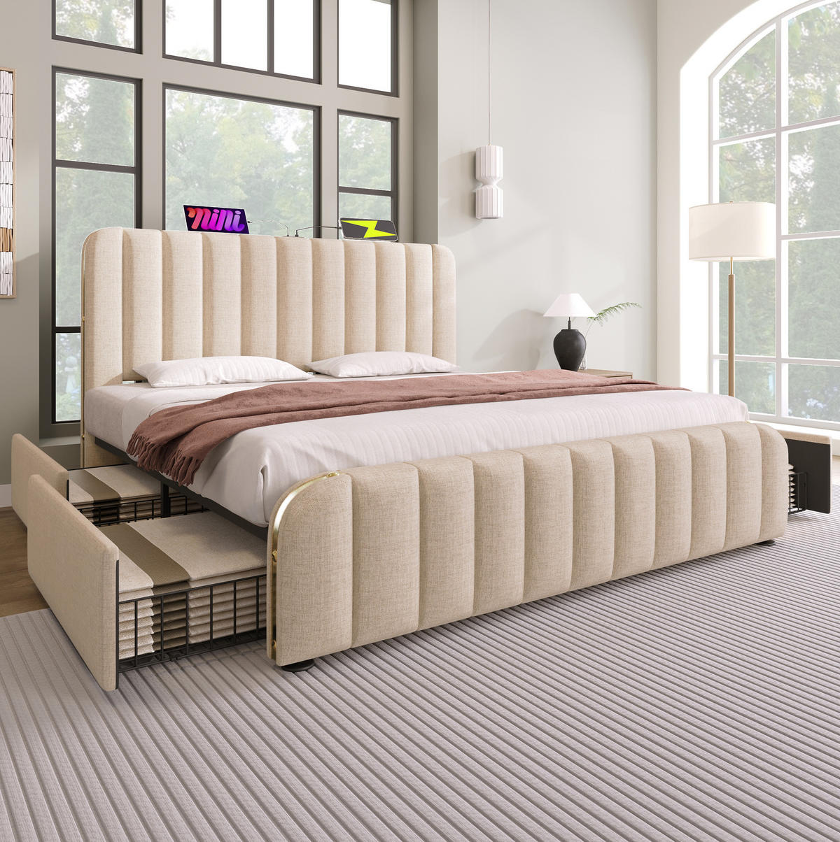 POLSTERBETT 180/200 cm mit 4 Schubladen, USB/Typ-C am Kopfteil und abgerundeter Rückenlehne, Beige - Beige, Textil (180/200cm) - Redom