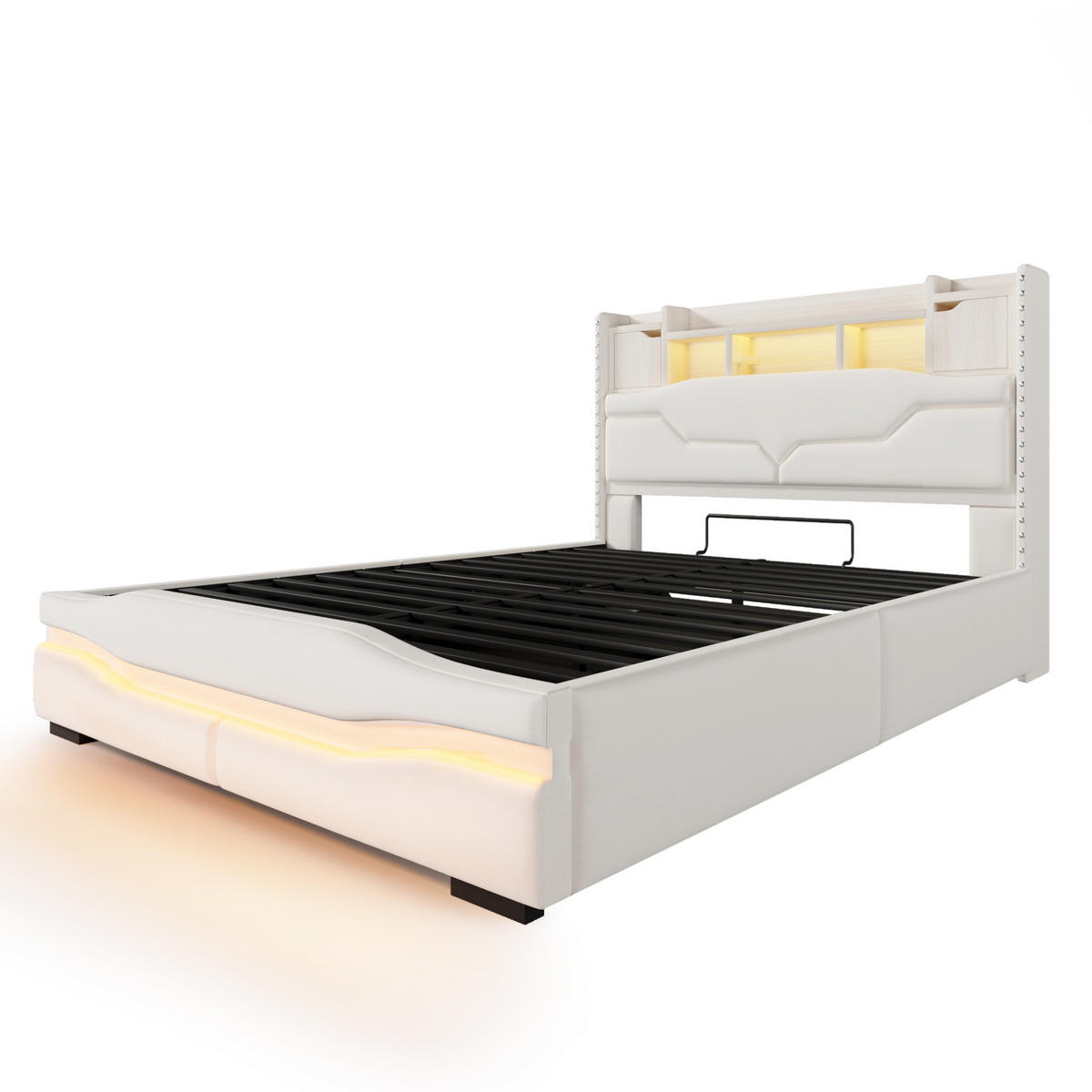 POLSTERBETT aus Leinen und MDF 140x200 cm Beige mit LED, USB-C, Steckdose und hydraulischem Stauraum - Beige, Textil (140/200cm) - IVMEU