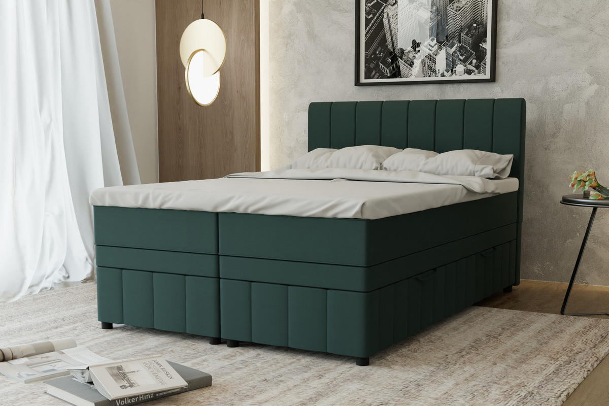 BOXBETT AVALON 140 x 200 cm mit Bettkasten und Topper - Dunkelgrün - Dunkelgrün, Holz - Panda Möbel