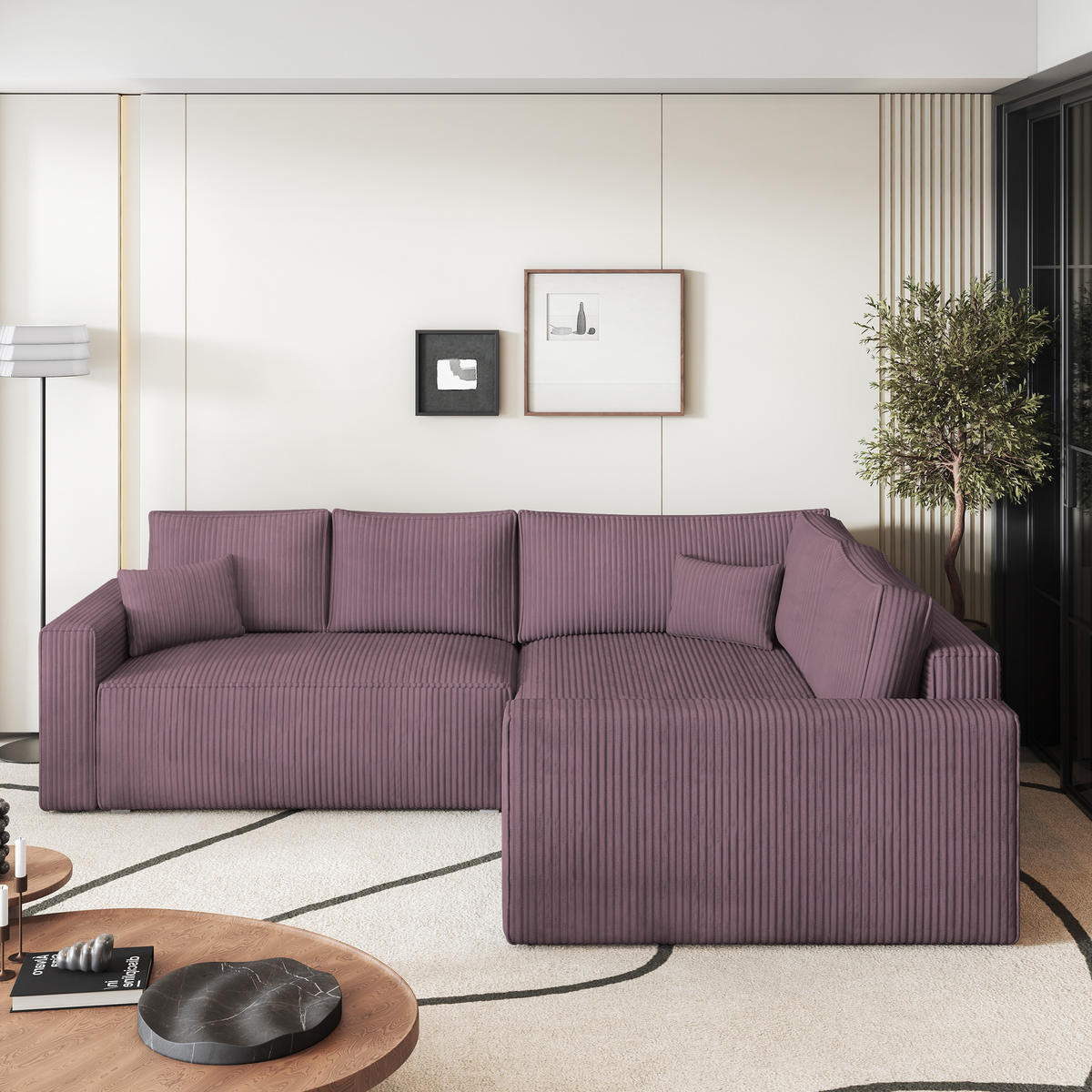 ECKSOFA ERONIS R-S Lila Kordstoff mit Schlaffunktion - Lila, Holz (265/194cm) - MASSENO