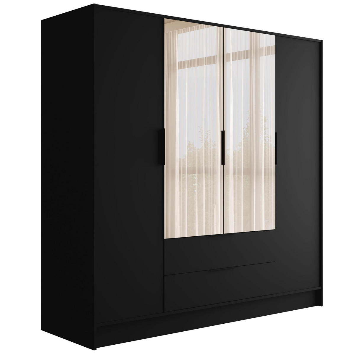 KLEIDERSCHRANK mit Spiegel und Flügeltüren KOLIN 200x200cm Schwarz - Schwarz, Holzwerkstoff (200/200/51cm) - ALTDECOR