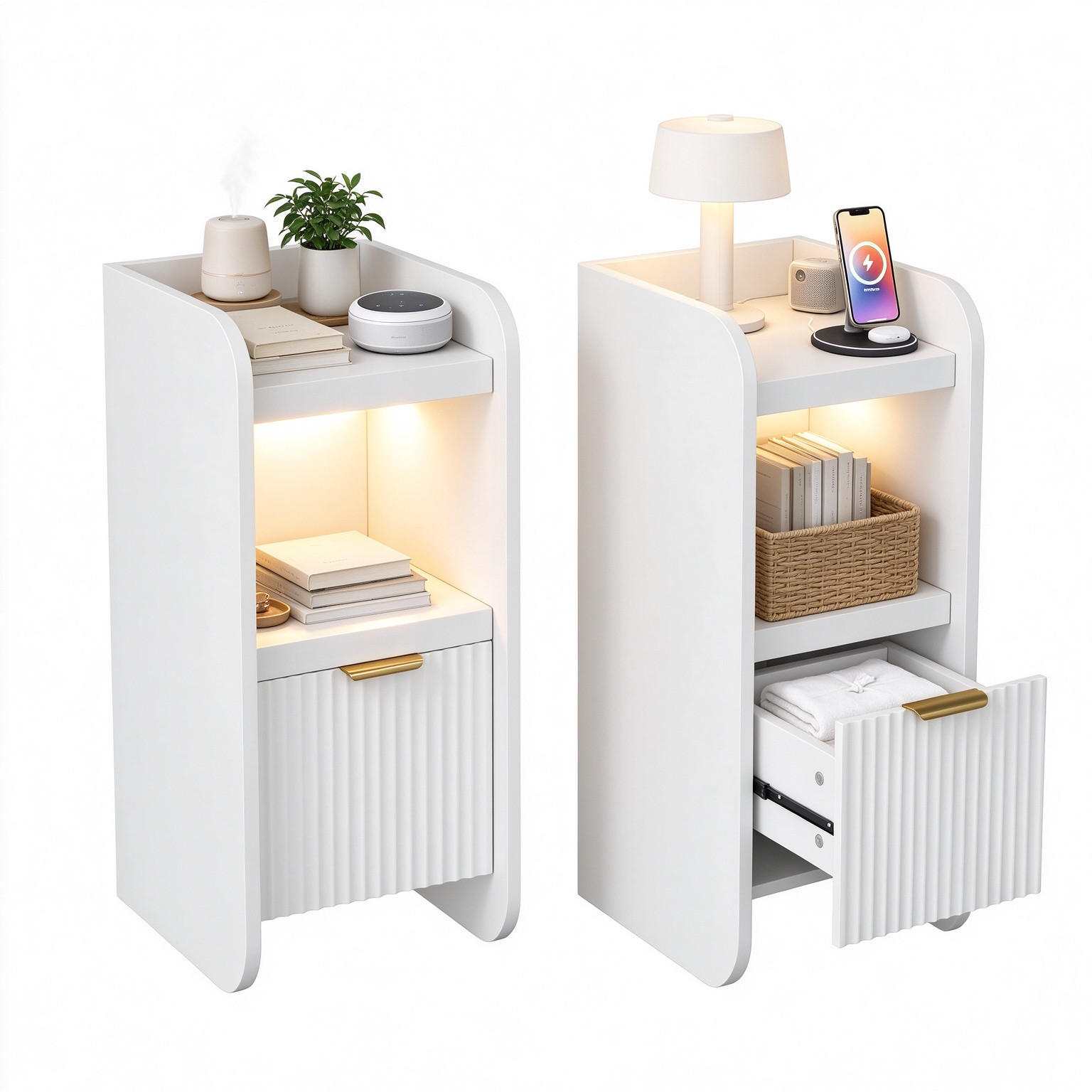 NACHTTISCH 2er Set mit LED-Beleuchtung & Ladestation, Bettseitentisch mit 1 Schubladen, in Weiß, 25/30/60 cm - Goldfarben/Weiß, Holz/Metall (30/60/25cm) - BPKADHY
