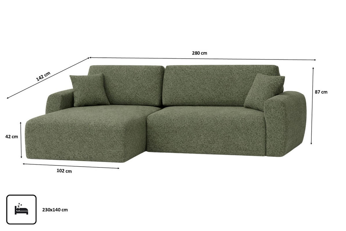 ECKSOFA Mit Schlaffunktion, Ariel XL, Chenille-Stoff, Stoff Artico, Moss, Links - Hellgrün, Holz (280/142cm) - Kaiser Möbel
