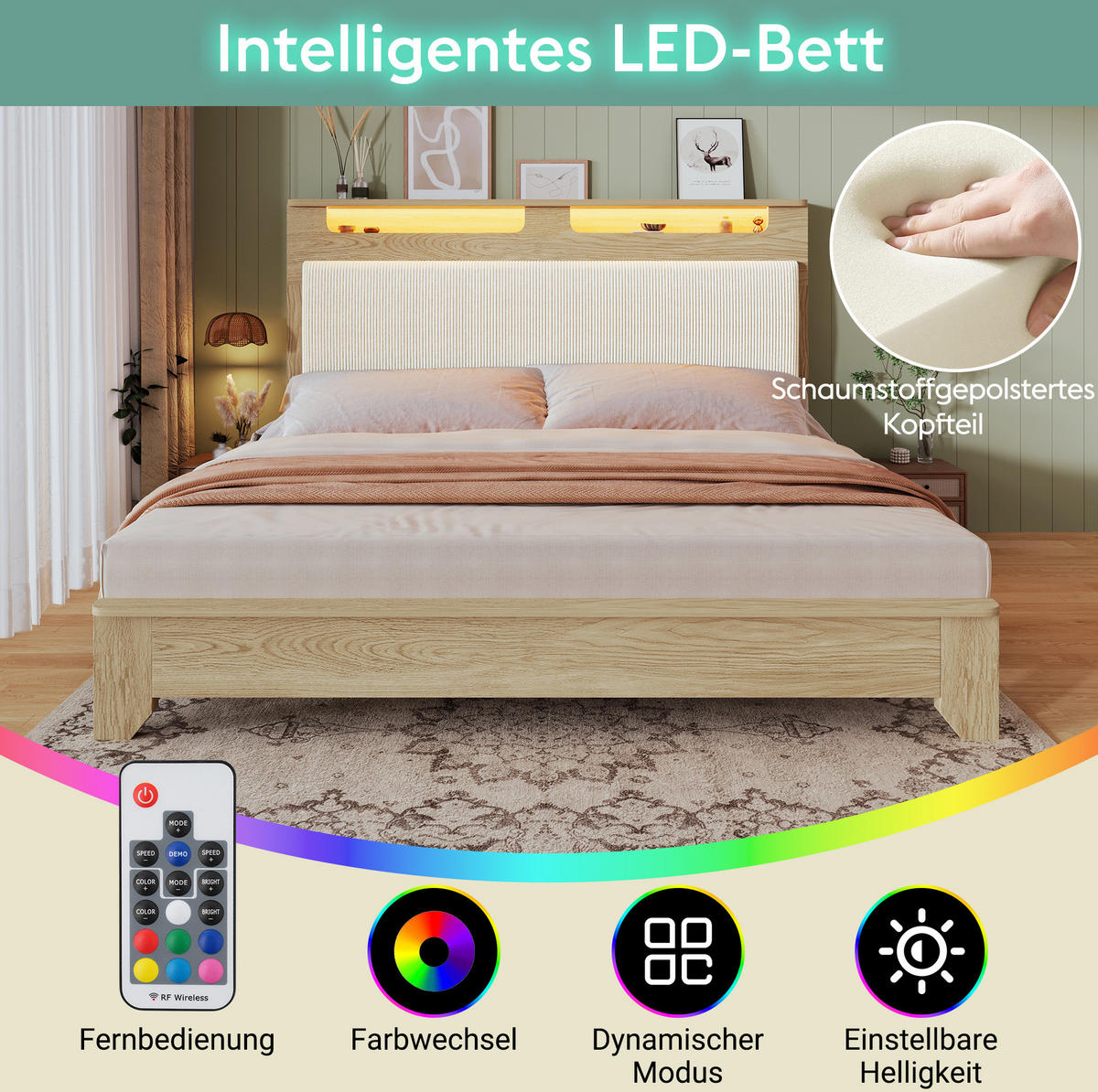 ČALÚNENÁ posteľ z dreva a kordovej látky 145/253/110 cm béžová, s LED osvetlením, úložným priestorom a matracom - béžová, textil (140/200cm) - BEAOK