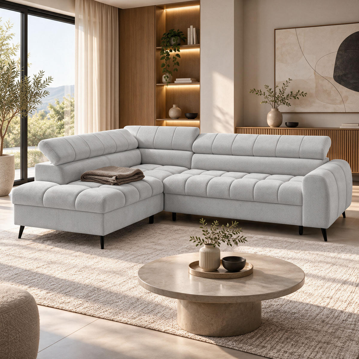 ECKSCHLAFSOFA Vinni Hellgrau, Chenille-Stoff, links - Hellgrau, Textil (265/205cm) - Beautysofa