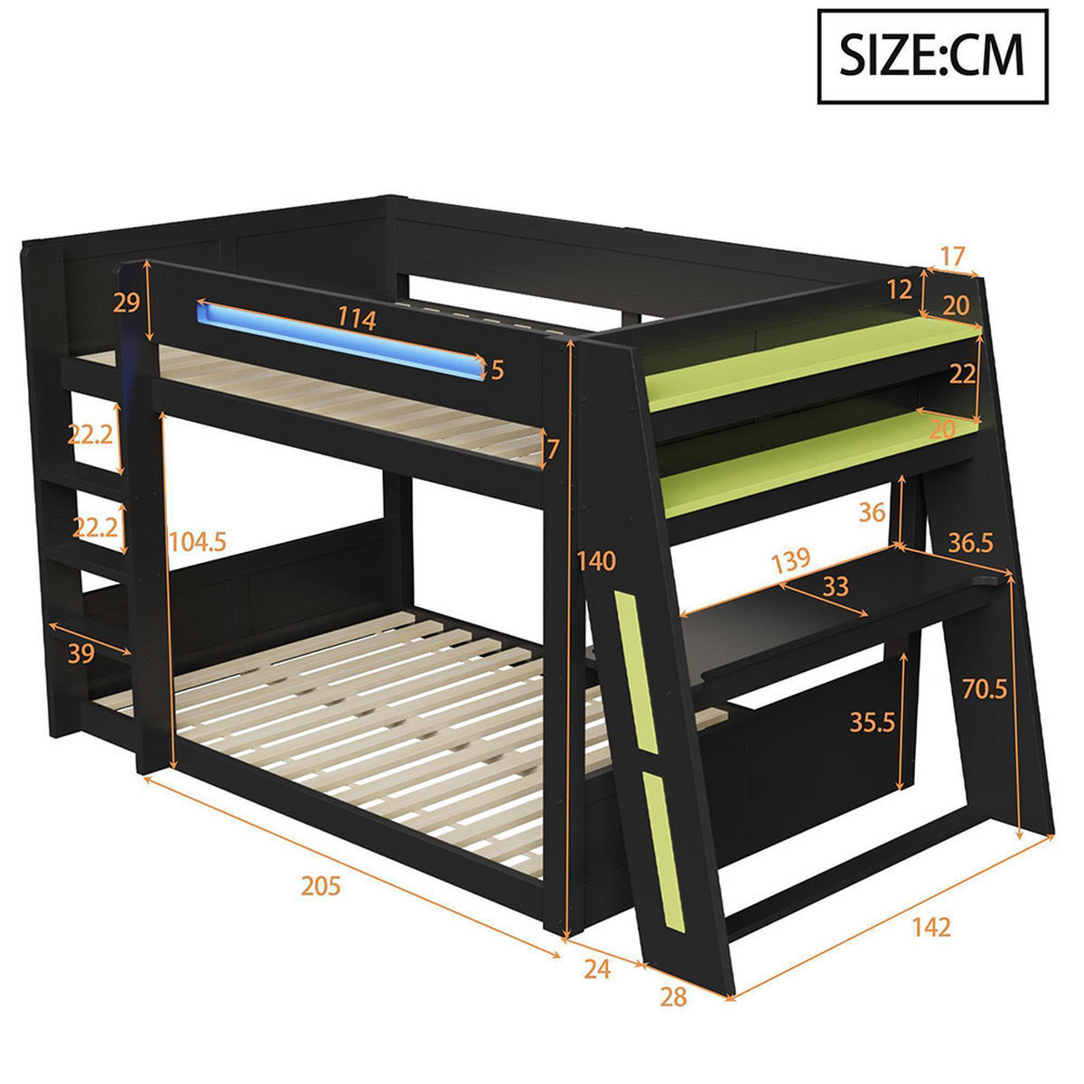 ETAGENBETT 140x200 cm mit Schreibtisch und zwei Ablagefächern, Schwarz+Grün - Schwarz, Holz (140/200cm) - KOMHTOM