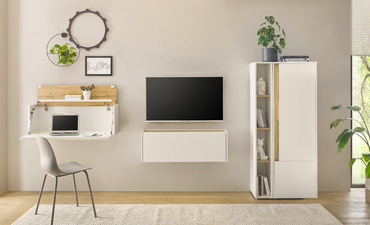 WOHNWAND weiß, Eiche Wotan 4-teilig 310 cm, Komplettset mit Sekretär - Eiche Wotan/Schwarz, Holz/Holzwerkstoff (310/158/40cm) - Furn.Design