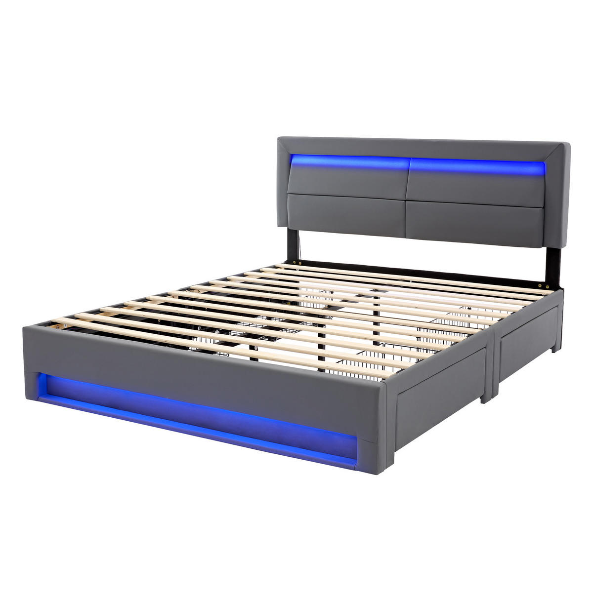 POLSTERBETT 140/200 cm mit LED-Beleuchtung, USB-Ladefunktion und 4 Schubladen - Grau, Kunststoff (140/200cm) - BEAOK
