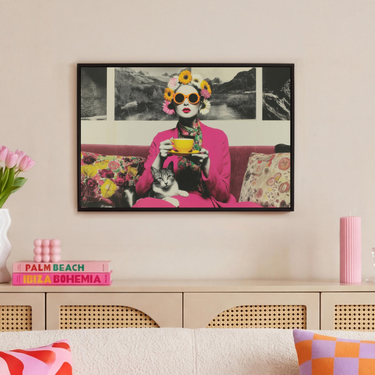 LEINWAND Bilder mit Rahmen - Frau - Katze - Blumen - Tasse - Retro - 60x40 - Magenta, Textil (60/40cm) - MuchoWow