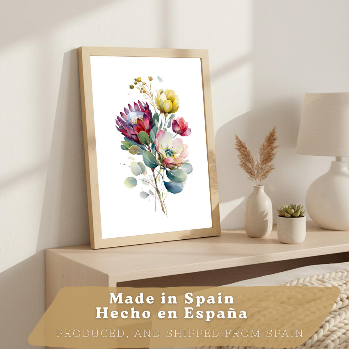 PLAKAT Sada 3 botanických uměleckých tisků. Květinové nástěnné umění. Květinové tisky. Velikost Světlý dřevěný rám A4 - béžová, papír (21/29.7/3cm) - Nacnic