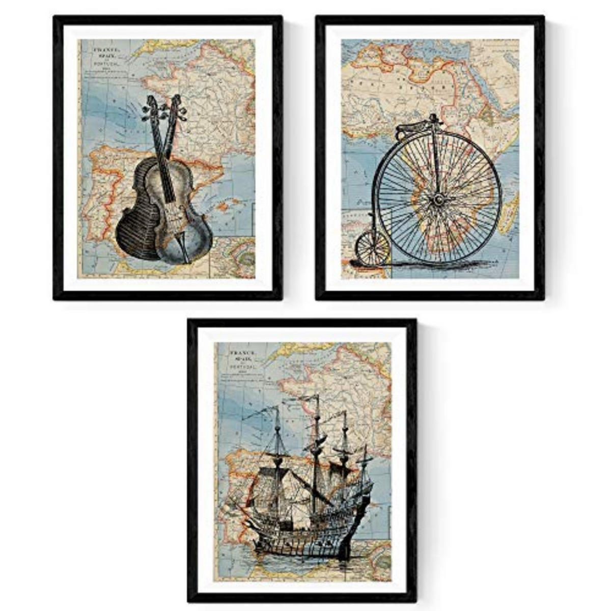 POSTER Set Mit 3 Vintage Weltkarten A4 Rahmenlos - Klar, Papier (29.7/5/21cm) - Nacnic