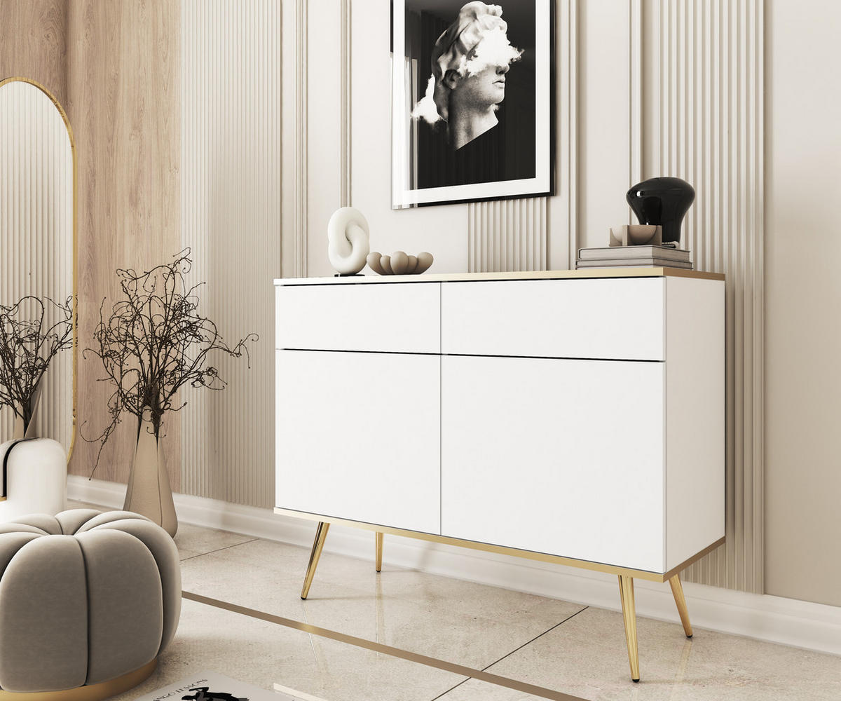 KOMMODE KSZ-107 - KSZ-107, Hochglanz, Schubladen Push-to-Open 107x39x85 cm Weiß/Gold - Goldfarben/Weiß, Holzwerkstoff/Kunststoff (107/85/39cm) - DomoHome