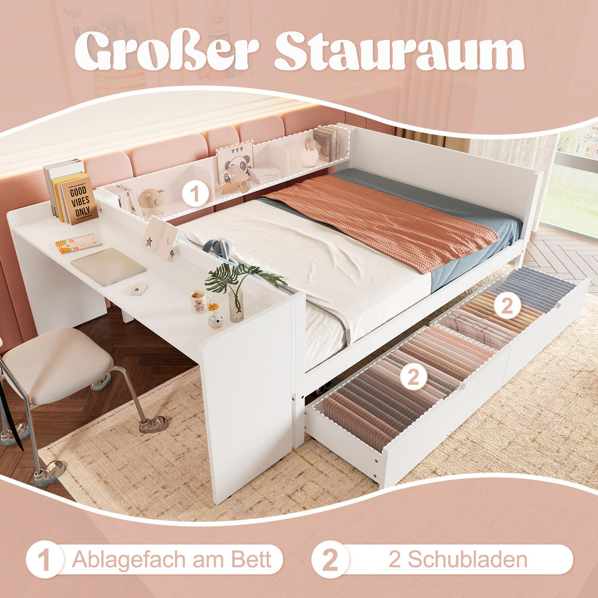 FLACHBETT 140x200cm Weiß Holz Schreibtisch 2 Schubladen Regale - Weiß, Holz (140/200cm) - FLIEKS