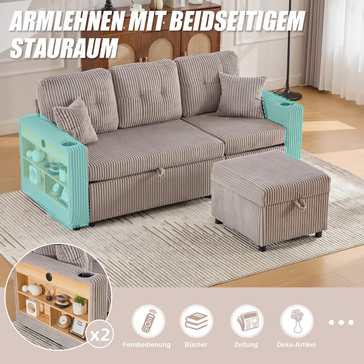 SCHLAFSOFA 3-er Sofa mit Schlaffunktion,Aufbewahrungshocker,Cord,Hellgrau - Hellgrau, Textil (196/85/119cm) - LVHOM