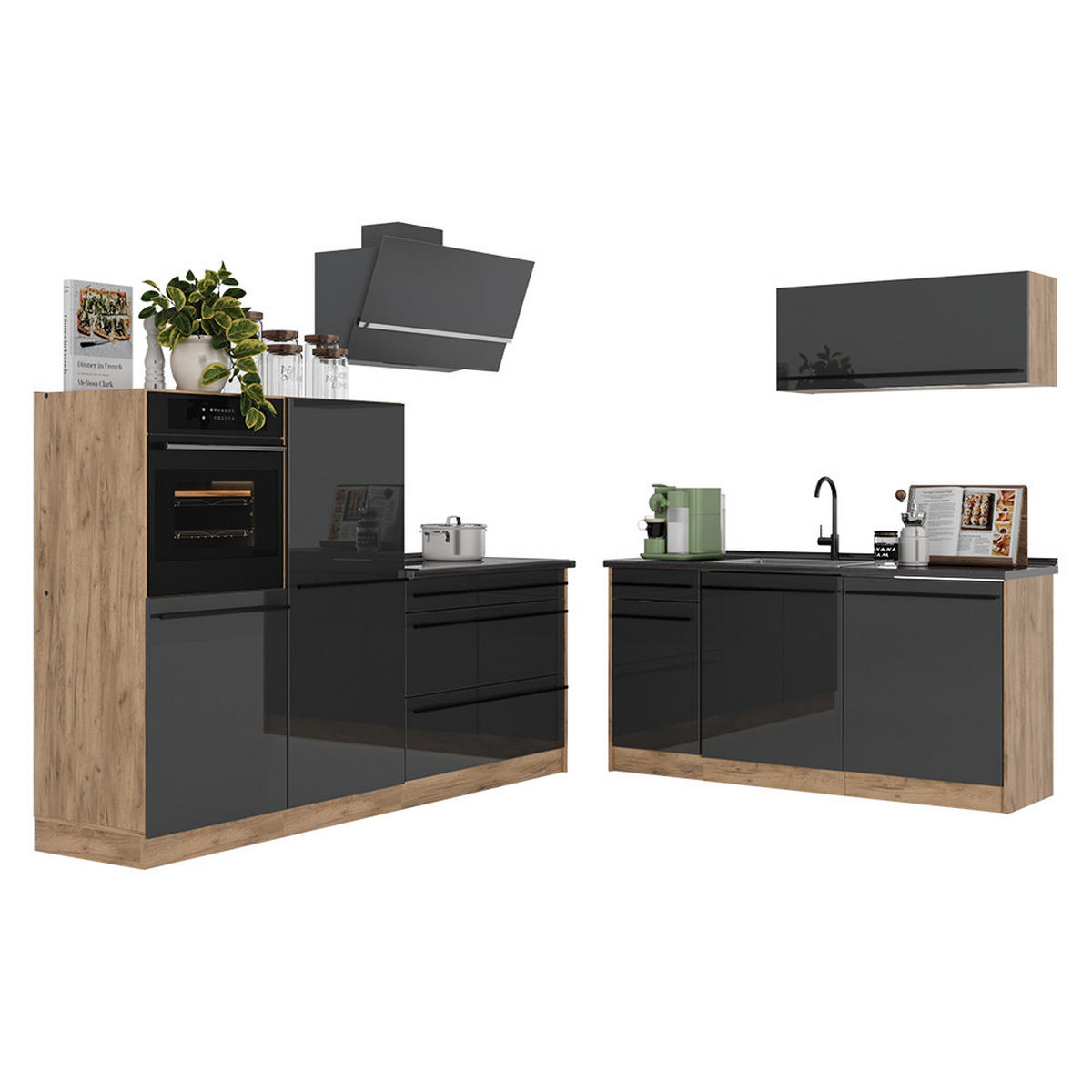 KÜCHENZEILE R-Line, Anthrazit Hochglanz/Goldkraft Eiche, 220 cm ohne Arbeitsplatte - Honigeiche/Schwarz Hochglanz, Holzwerkstoff (220/143/46cm) - Vicco