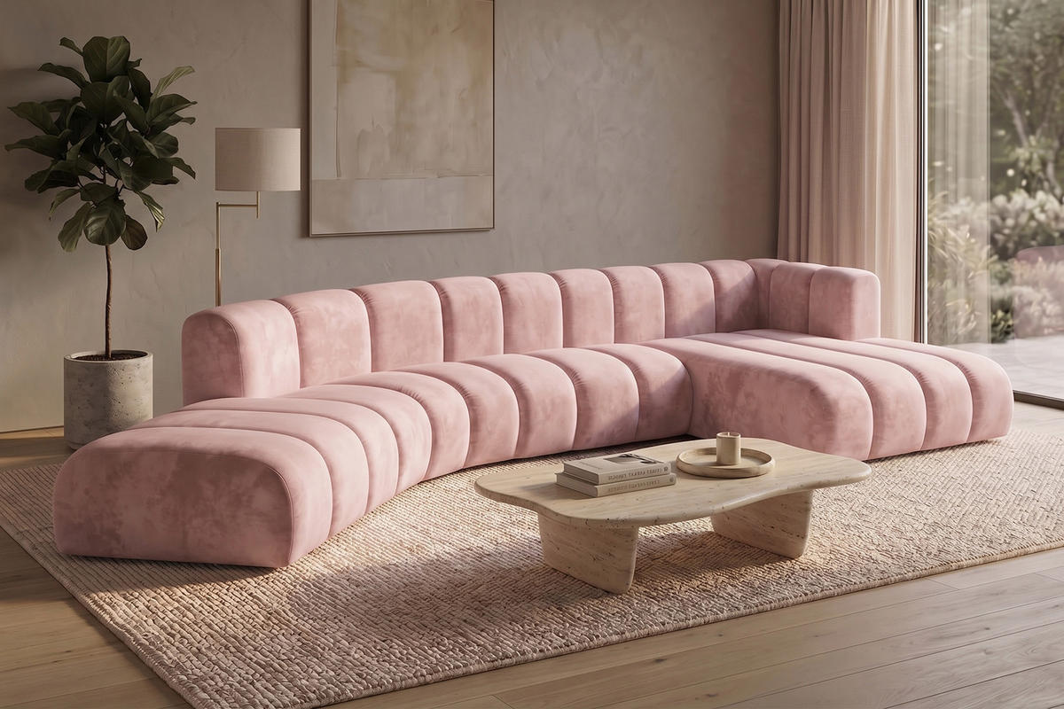 ECKSOFA Modulares In L-Form, Velvet-Stoff Riviera, Hellrosa, Rechts, GRAND Round - Hellrosa, Holz (445/179cm) - Kaiser Möbel