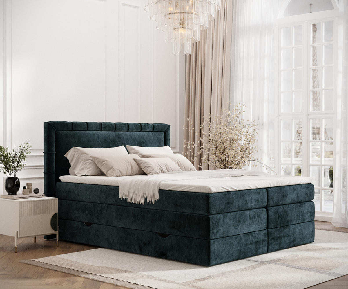 BOXSPRINGBETT Rosabel Dunkelgrün 160/200 cm mit Matratze und Topper - Dunkelgrün/Schwarz, Holz/Holzwerkstoff (160/200cm) - Maison de Reve