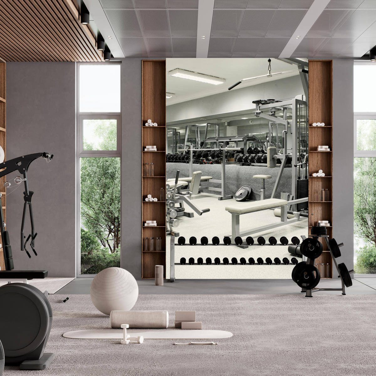 FOTOTAPETE Fitnessstudio Innenraum Equipment Modern Sport 350x256 - Ecru/Creme, Papier (350/256cm) - Muralo