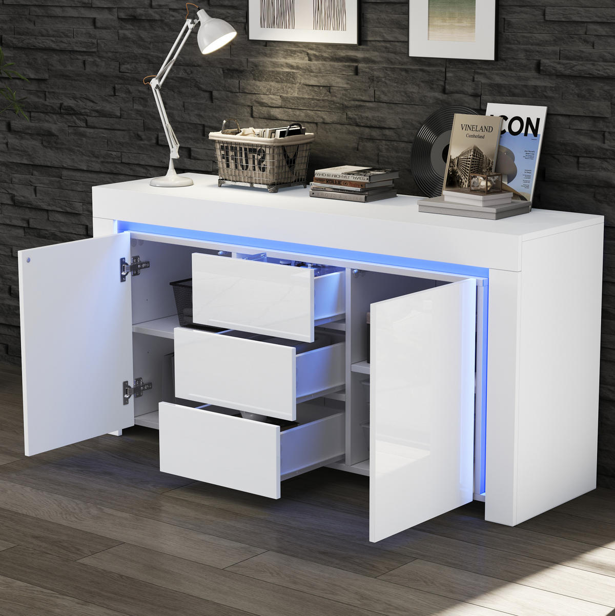 SIDEBOARD 140/40/65 cm in Weiß Hochglanz mit 2 Türen, 3 Schubladen & LED - Weiß, Holzwerkstoff (140/65/40cm) - BEAOK