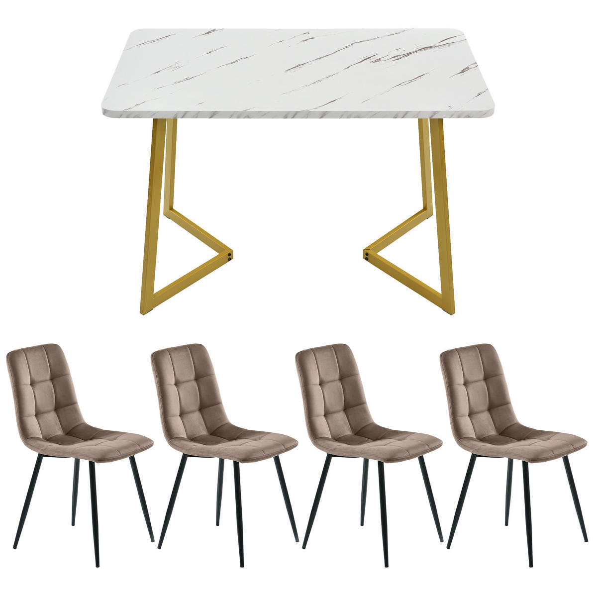 ESSTISCHSET 117x68 Cm Mit 4 Stühlen, Rechteckig, Braun Samt, Gold - Braun, Holzwerkstoff (117/75/68cm) - FLIEKS