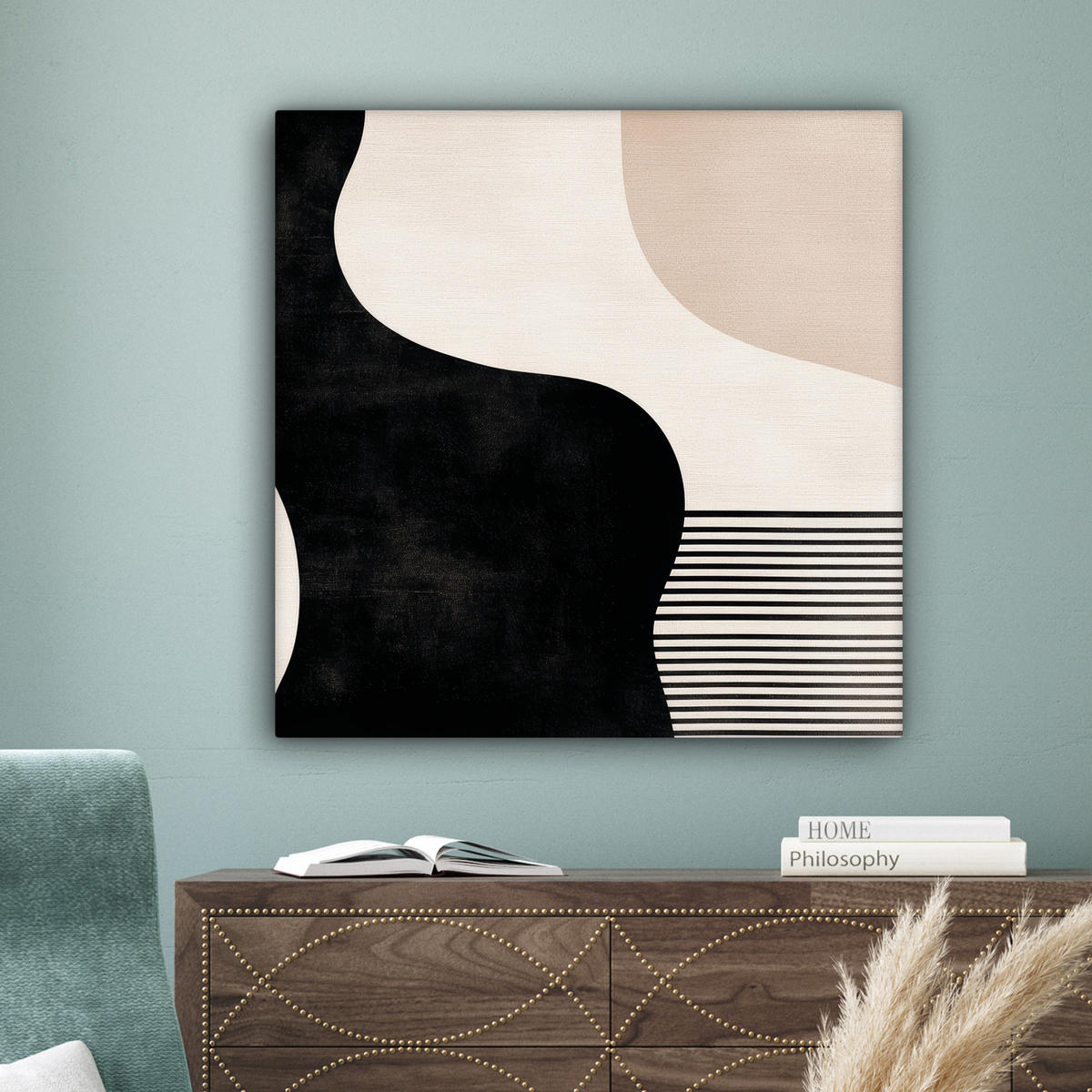 LEINWANDBILD Abstrakt - Japandi - Beige - Modern Deko Groß 90x90 cm - Schwarz, Textil (90/90cm) - MuchoWow