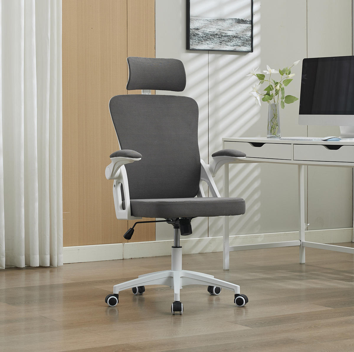 BÜROSTUHL höhenverstellbar mit Klapparmlehnen Grau - Grau, Kunststoff (65/108/58cm) - Meubliv