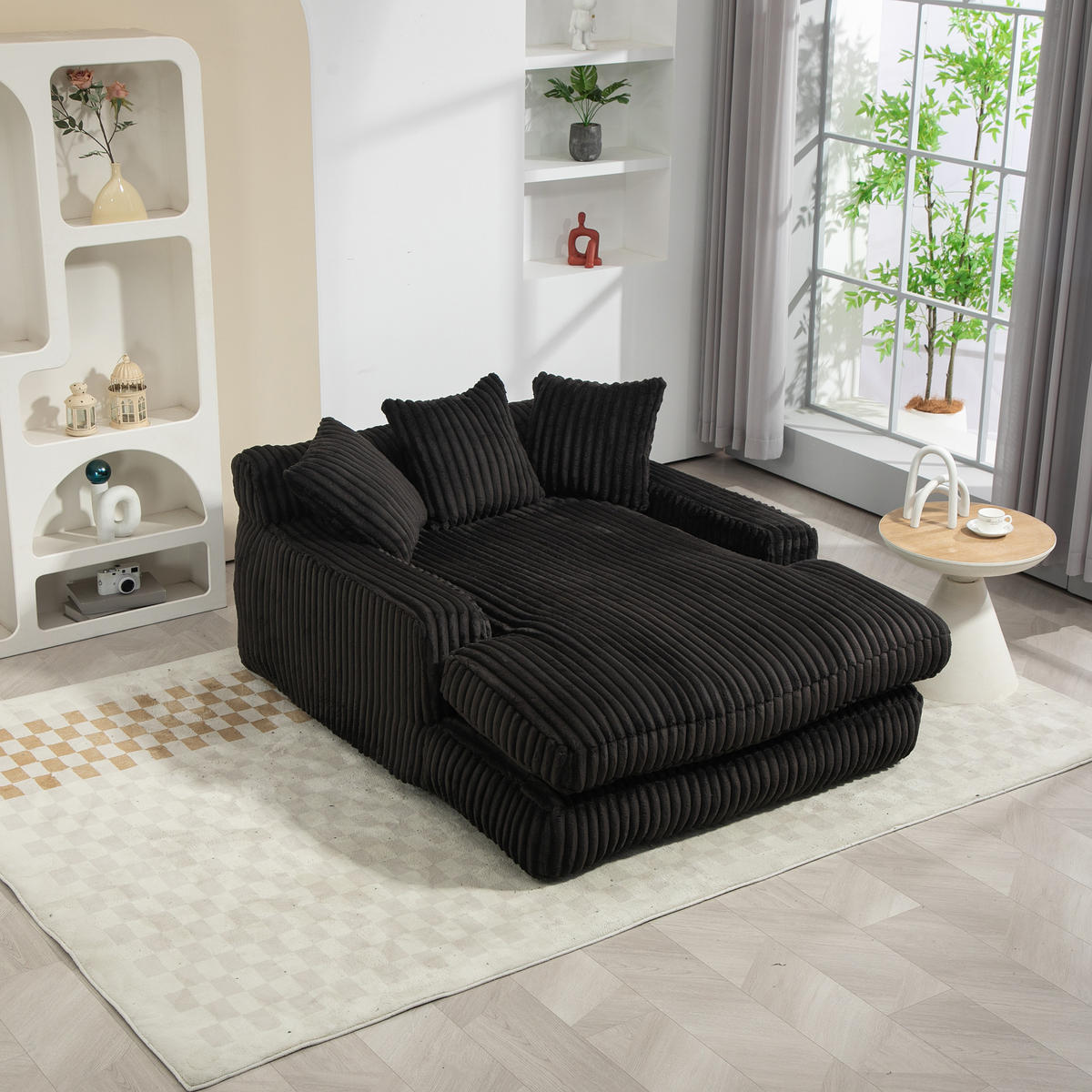 CHAISELONGUE Cord mit 3 Kissen bodennah und ohne Montage 125/155/63 cm Schwarz - Schwarz, Textil (63/125/155cm) - Redom