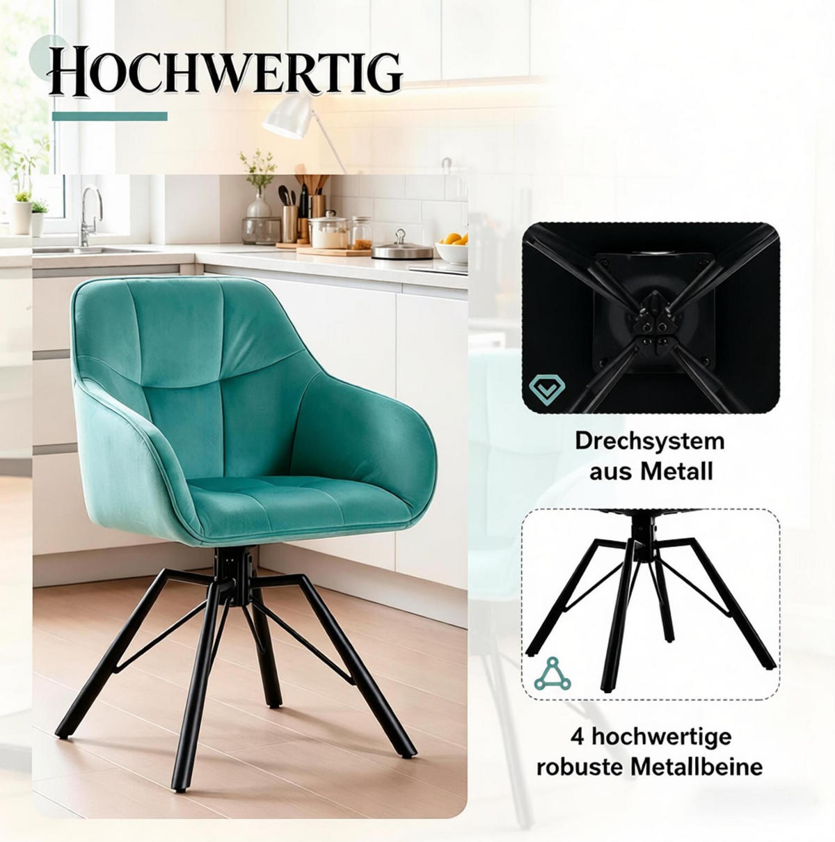 ESSSTUHL 2er-Set drehbar Samt Türkis - Grün, Metall (54/82.5/57cm) - Meubliv