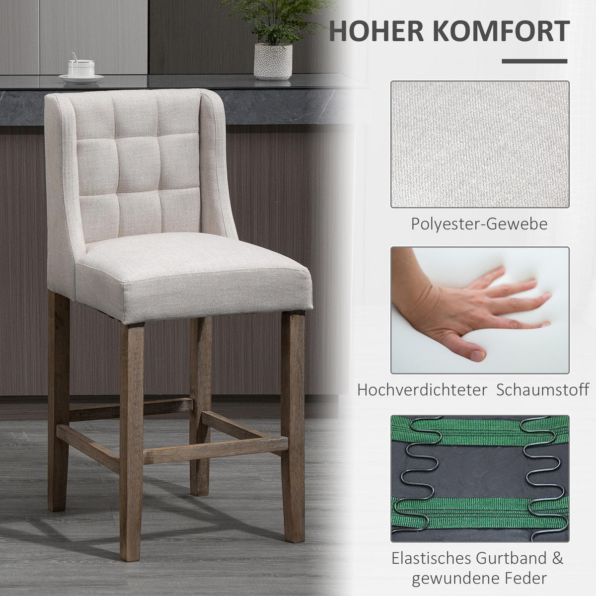 BARHOCKER, Leinen-Touch-Polyester, Beige - Beige, Kunststoff (50/101/47cm) - HOMCOM